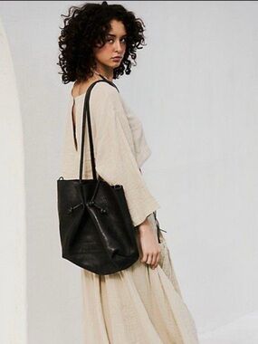 Free People Head Over Heels Black Leather Drawstring Shoulder Bag